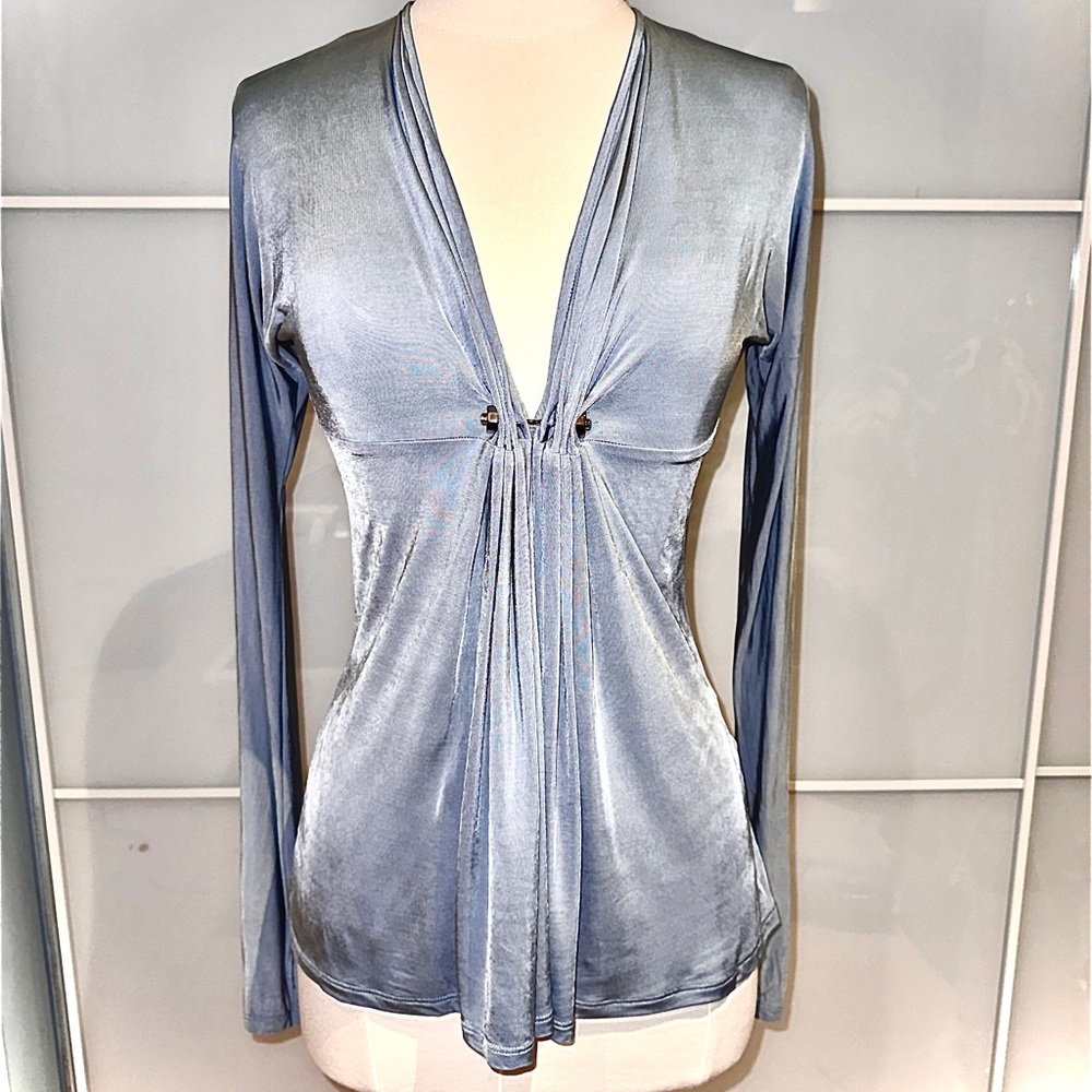 Just Cavalli Soft Silvery Blue Gathered V-Neck Top